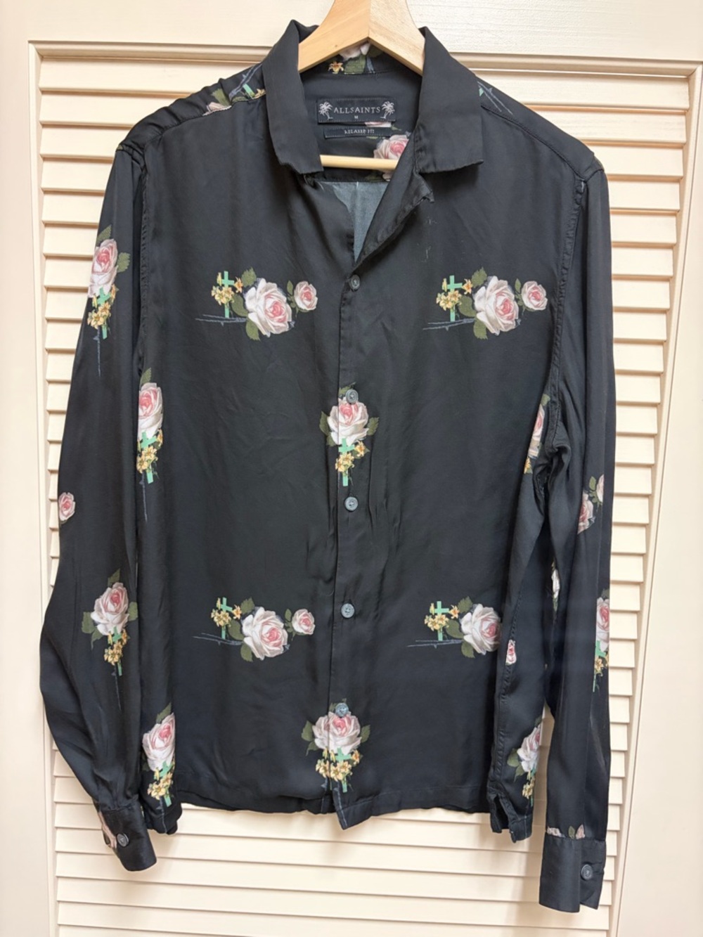 AllSaints Heath LS Shirt Mens M Black Floral Rose Print Viscose Relaxed Luxury